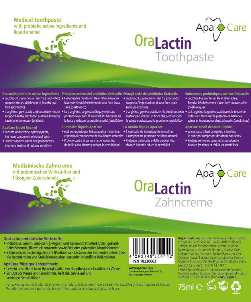 Verpackung mit Inhaltstoffen von Oralactin Zahncreme Verpackung mit Inhaltstoffen von Oralactin Zahncreme