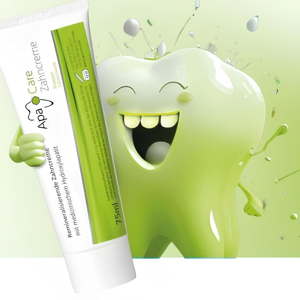 Animierter Zahn mit lachendem Gesicht hält ApaCare Remineralisierende Zahncreme im Arm